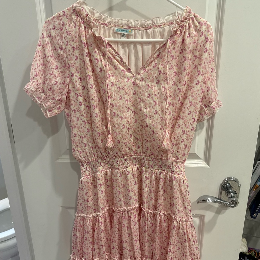 Maeve Floral Tie-Neck Mini Dress in Light Pink